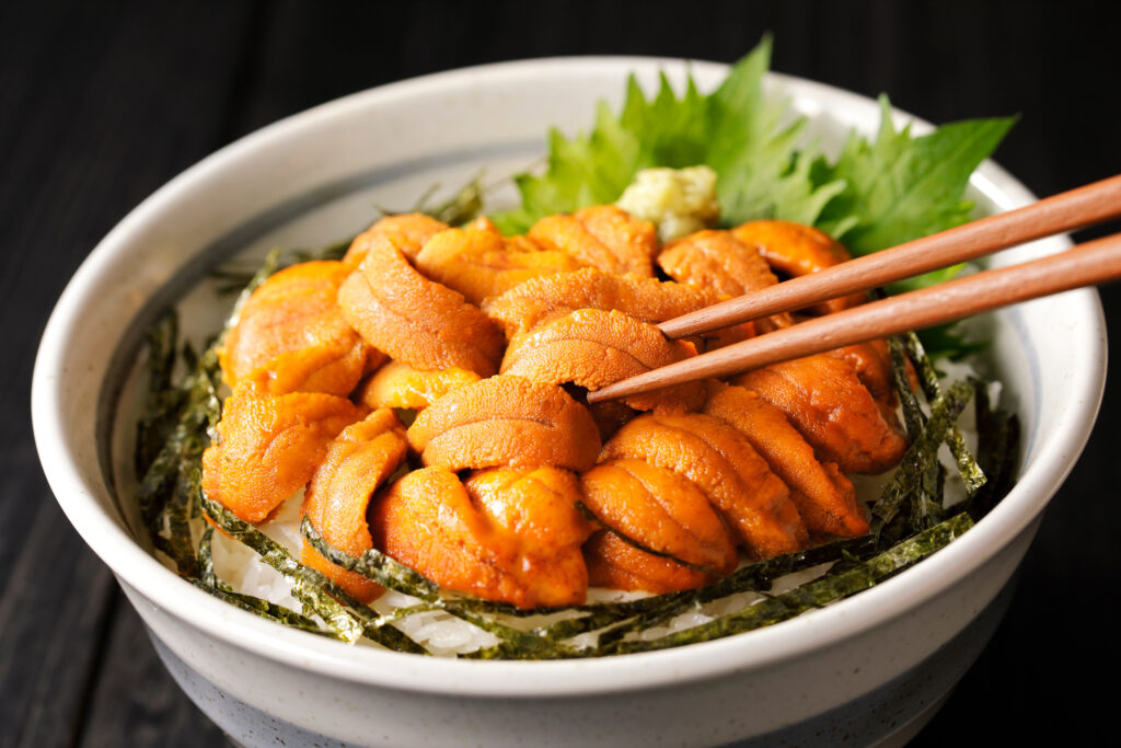 ウニ丼　bowl of rice topped with sea urchin