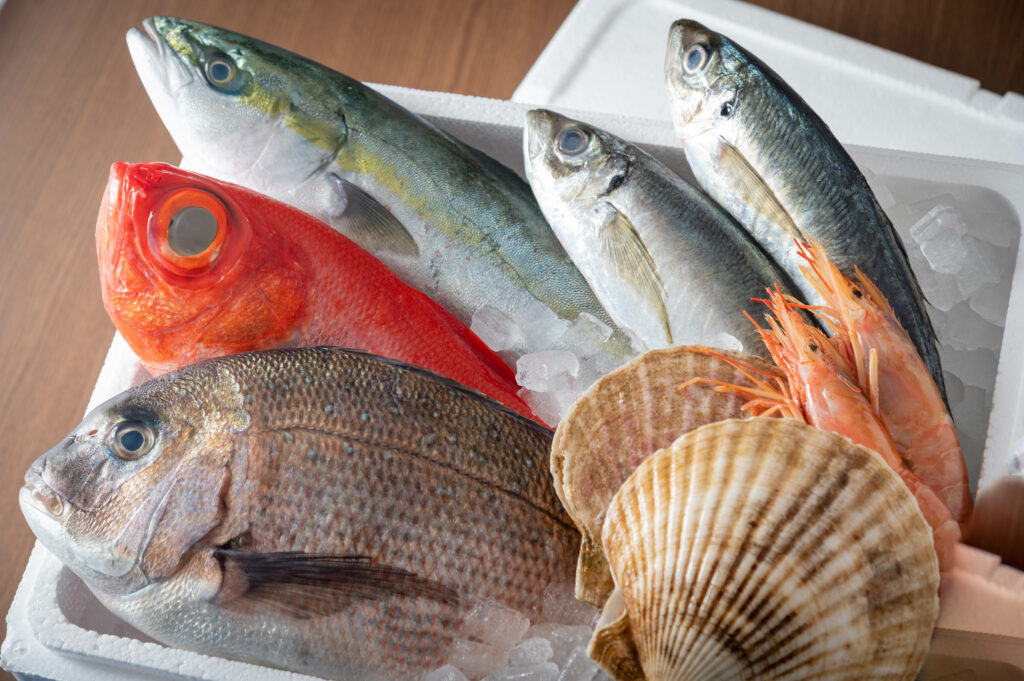 fresh japanese seafood in styrofoam box with ice